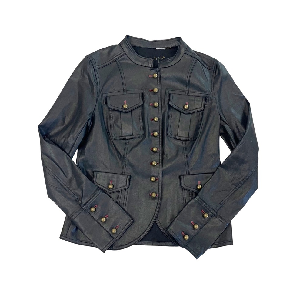 Sample Piece Black Faux Leather‎ Military Jacket Band Collar Button Front SMALL